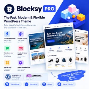 Peut inclure: Une publicité numérique pour le thème WordPress Blocksy PRO. L'image présente trois écrans de tablette affichant des mises en page de sites web, des icônes pour des fonctionnalités comme WooCommerce et l'édition de site, ainsi que le texte 'The Fast, Modern & Flexible WordPress Theme'.