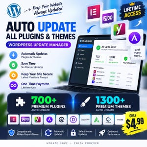 WordPress Plugin Updater + Onbeperkt Downloaden | Elementor Pro & Kits | Levenslang 1 Website