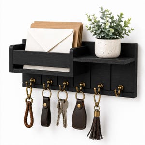 May include: A black wall-mounted organiser featuring a mail slot holding tan envelopes, a small shelf with a potted green plant, and six brass-toned hooks. Five of the hooks hold various keychains, including leather straps, keys, and a tassel.