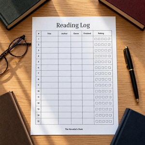 Puede incluir: Una hoja de registro de lectura de papel blanco con una cuadrícula que incluye columnas para título, autor, género, finalizado y calificación. El encabezado dice Reading Log y el pie de página The Novelist's Desk, rodeado de libros, gafas y bolígrafo.