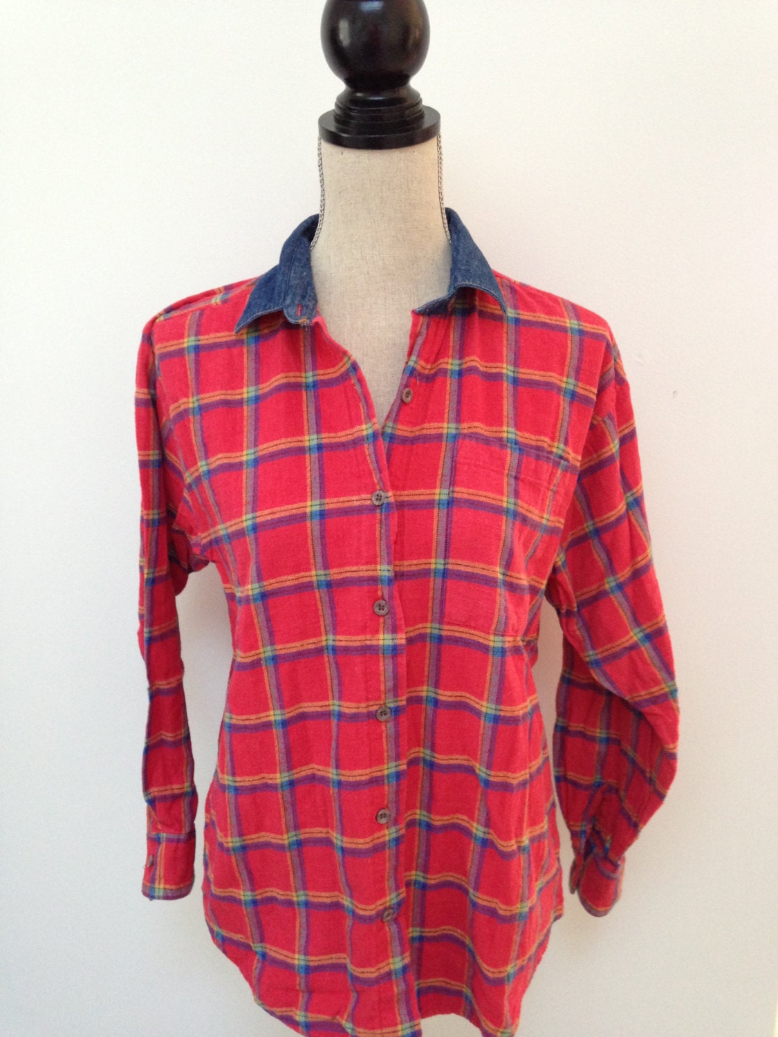 Vintage Flannel Shirt W Denim Collar 