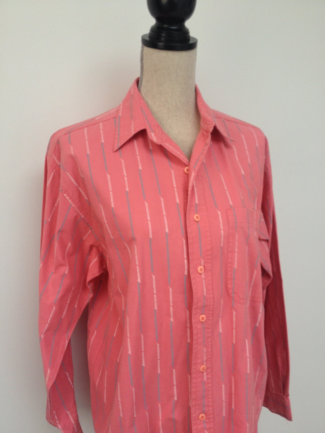 Vintage 80s Coral Button up Collared Striped Shirt - Etsy