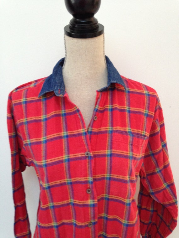 Vintage Flannel Shirt w Denim collar - image 2