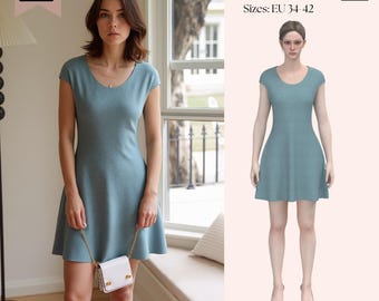 May include: A blue short-sleeved dress with a scoop neckline and a flared skirt. The image includes text reading SAVI Studio PDF Pattern Sizes: EU 34-42, along with social media icons. The dress is shown on a person and a digital mannequin model.