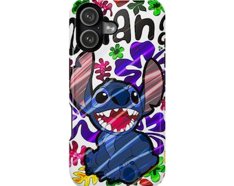 May include: A phone case featuring a blue alien character with large ears and a wide grin, set against a white background with colorful abstract floral shapes and the text Ohana in black script. The design includes diagonal light streaks.
