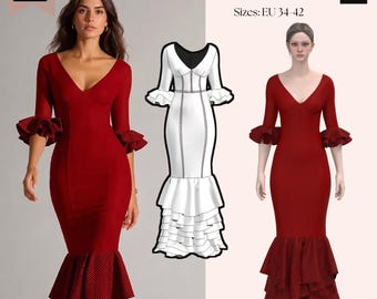 May include: A SAVI Studio PDF pattern for a red dress with a V-neckline, three-quarter length sleeves with ruffled cuffs, and a tiered ruffled hem. The design includes a white technical sketch of the dress with sizes EU 34-42 clearly displayed.
