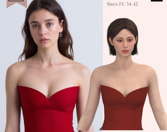 May include: A red strapless corset top with a sweetheart neckline and structured bodice seams. The image includes text reading SAVI Studio PDF Pattern Sizes: EU 34-42, along with social media icons and handles for @savi_bcn on Instagram and TikTok.