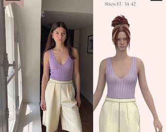 May include: A digital PDF pattern by SAVI Studio for sizes EU 34-42, featuring a sleeveless lavender ribbed tank top with a V-neckline and cream-colored knee-length shorts with visible dark stitching, displayed alongside a real-life model.