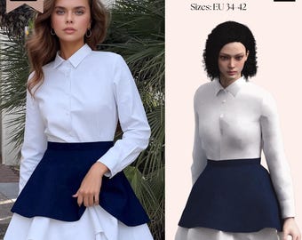 May include: A white long-sleeved button-down shirt paired with a navy blue layered skirt. The text SAVI Studio PDF Pattern Sizes: EU 34-42 is visible. The design features a crisp collar, fitted bodice, and a flared skirt with white ruffles.