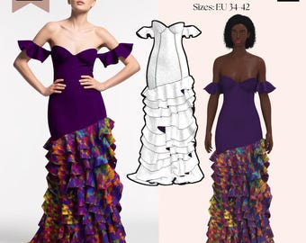 May include: A SAVI Studio PDF pattern for a floor-length dress in sizes EU 34-42. The design features a solid purple strapless bodice with off-the-shoulder ruffled sleeves and a multi-colored, vibrant tie-dye print skirt with cascading ruffles.