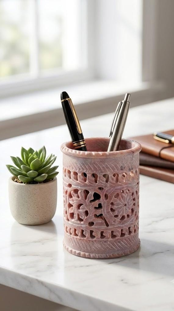 Handcrafted Pink Soapstone Pen Holder | Intricate Jali Carved Desk Organizer & Pencil Stand