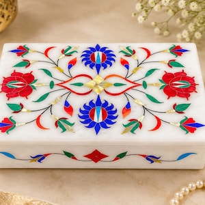Handmade White Marble Pietra Dura Jewellery Box - Floral Inlay 6x4x2 Inch Keepsake Box