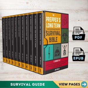 Może przedstawiać: Kolekcja jedenastu książek pod tytułem The Prepper's Long Term Survival Bible autorstwa Jima Gryllsa, prezentowana w czarno-żółtym pudełku. Okładka zawiera siatkę ikon, w tym nóż, schronienie i symbol zagrożenia biologicznego, wraz z ikonami PDF i EPUB.