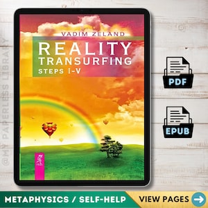 May include: A digital tablet displaying the book cover for Reality Transurfing Steps I-V by Vadim Zeland. The cover features a vibrant landscape with a rainbow, hot air balloons, and a tree under a sunset sky. Includes PDF and EPUB file icons.