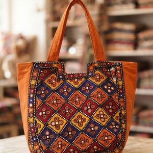Hand Embroidered Mirror Work Tote Bag | Boho Floral Patchwork Shoulder Bag