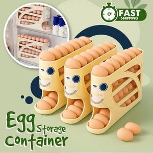 May include: Three pale yellow plastic egg storage containers, each featuring a tiered gravity-fed design with a circular accent. The containers hold multiple brown eggs, with a circular inset showing the units installed inside a refrigerator.
