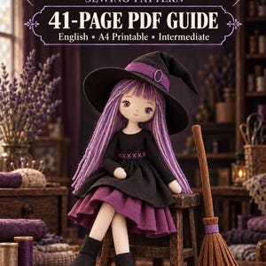 Elora | Lavender Witch Doll Sewing Pattern, Gothic Rag Doll Tutorial (PDF)