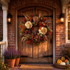 Fall Hydrangea Wreath for Front Door, Autumn Harvest Wreath with Maple Leaves and Berries, Rustic Fall Wreath, Thanksgiving Door Decor