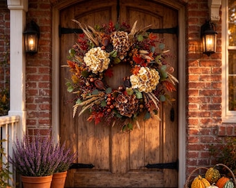 Fall Hydrangea Wreath for Front Door, Autumn Harvest Wreath with Maple Leaves and Berries, Rustic Fall Wreath, Thanksgiving Door Decor