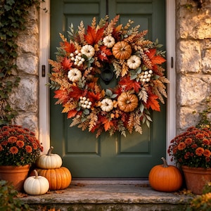Può includere: Una ghirlanda autunnale circolare con foglie d'acero rosse e arancioni, fogliame essiccato, bacche bianche e piccole zucche. La ghirlanda è montata su una porta verde scuro, affiancata da due vasi in terracotta con crisantemi arancioni e zucche.