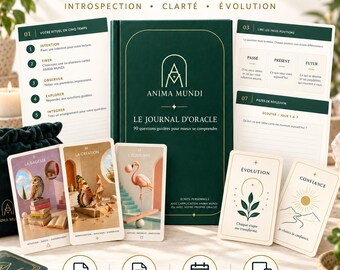 May include: A dark green journal titled Anima Mundi Le Journal d'Oracle with 90 guided questions, accompanied by several illustrated oracle cards featuring imagery of an owl, butterfly, and flamingo, plus instructional pages and digital icons.