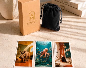 May include: A tan cardboard box with the Anima Mundi logo, a black velvet drawstring pouch, and three rectangular tarot cards. The cards feature illustrations of a rhinoceros, an octopus, and a red panda, with French text labels below each image.