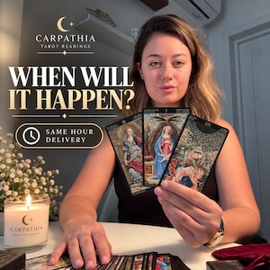 May include: A set of three tarot cards held in a hand, featuring detailed illustrations of figures in robes. The text reads CARPATHIA TAROT READINGS, WHEN WILL IT HAPPEN?, and SAME HOUR DELIVERY. A lit candle in a glass jar sits on the table nearby.
