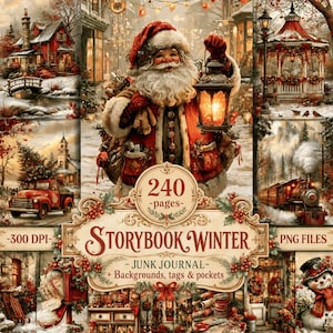 May include: A digital collection titled Storybook Winter featuring 240 pages of junk journal elements including backgrounds, tags, and pockets. The imagery displays Santa Claus with a lantern, a red truck, a train, and a snowman in winter scenes.