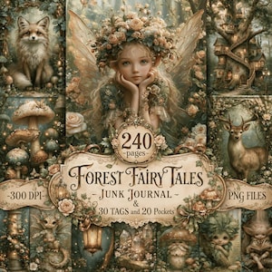 Könnte beinhalten: Ein digitales Junk-Journal-Set mit dem Titel Forest Fairy Tales, das 240 Seiten, 30 Anhänger und 20 Taschen enthält. Die Bilder zeigen eine Fee mit Blumenkranz, einen Fuchs, einen Hirsch, Pilze und ein Baumhaus in sanften Farbtönen.