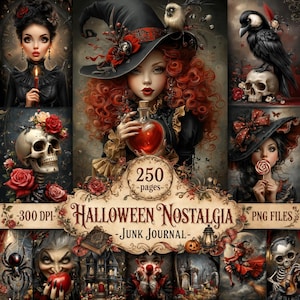 Könnte beinhalten: Eine digitale Junk-Journal-Sammlung mit dem Titel Halloween Nostalgia, die 250 Seiten mit 300 DPI umfasst. Die Grafiken zeigen verschiedene gotische Motive wie eine rothaarige Hexe, Totenköpfe mit Rosen, einen schwarzen Raben und eine Spinne.