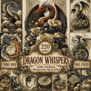 以下が含まれることがあります： 220ページ、300 DPI、PNGファイルを含むDragon Whispersジャンクジャーナル素材のデジタルコレクション。画像には、花の配置、装飾的な金のフレーム、時計、装飾的な背景と絡み合ったさまざまなドラゴンが描かれています。