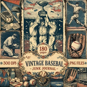 Può includere: Un collage digitale a tema baseball vintage con illustrazioni di giocatori, trofei, guanti e palline. Il testo centrale recita 180-pages, VINTAGE BASEBAL, JUNK JOURNAL, 300 DPI e PNG FILES. La tavolozza dei colori include blu, crema e rossi tenui.