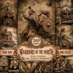 Könnte beinhalten: Eine digitale Sammlung mit dem Titel Warriors of the North, die 260 Seiten Junk-Journal-Elemente enthält. Die Bilder zeigen Krieger mit Äxten und Schilden, ein Steingebäude auf einer Klippe, einen Helm und Pferde in Sepia-Tönen.