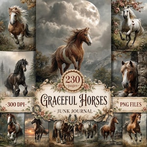 Puede incluir: Una colección de diario basura digital titulada Graceful Horses con 230 páginas y archivos PNG de 300 DPI. El diseño muestra varios caballos en movimiento, incluyendo caballos marrones, blancos y negros, sobre paisajes con montañas y lunas.