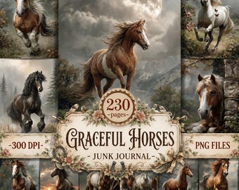 May include: A digital junk journal collection titled Graceful Horses featuring 230 pages and 300 DPI PNG files. The design displays various horses in motion, including brown, white, and black horses, set against landscapes with mountains and moons.