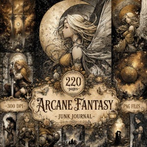 Puede incluir: Una colección digital de páginas de diario Arcane Fantasy que incluye 220 páginas a 300 DPI en formato PNG. Las imágenes incluyen ilustraciones de figuras aladas, espadas y motivos celestiales en una paleta de colores sepia y oro con marcos ornamentados.