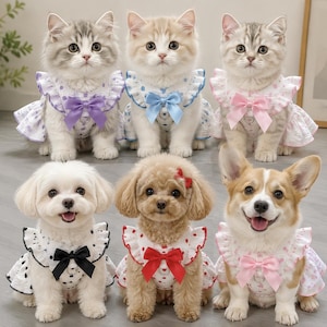 May include: Three kittens and three dogs wearing white ruffled pet dresses with colorful patterns and matching satin bows. The kittens are in the back row, and the dogs are in the front row. Each garment features a ruffled collar and a bow at the chest.