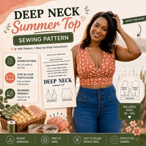 May include: A sewing pattern for a deep neck summer top, featuring a floral print crop top, PDF instructions, fabric suggestions, and size range XS to XXL. The pattern includes a photo guide, A4, US Letter, and A0 sizes for home printing.