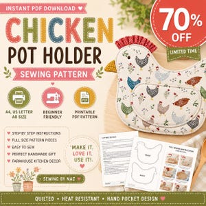 May include: A digital sewing pattern for a chicken-shaped pot holder. The image displays the text CHICKEN POT HOLDER SEWING PATTERN, along with icons for A4, US letter, and A0 sizes. It includes a finished quilted chicken pot holder with a hand pocket.