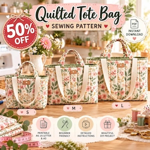 May include: Three quilted tote bags in small, medium, and large sizes, featuring a floral pattern with pink, yellow, and green flowers on a cream background. Each bag has two cream-colored fabric handles and a small rectangular label with a heart icon.