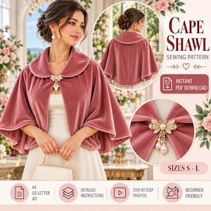 May include: A dusty rose velvet cape shawl sewing pattern featuring a wide collar and a decorative gold-tone butterfly brooch with pearl accents. The design includes text reading Cape Shawl Sewing Pattern, Instant PDF Download, and Sizes S-L.