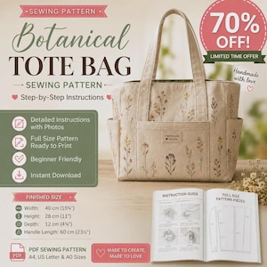 May include: A beige tote bag with a botanical wildflower print, featuring two handles, side pockets, and a front pocket with a label. Beside it lies an open instruction guide showing pattern pieces, with text detailing dimensions of 40 by 28 by 12 cm.