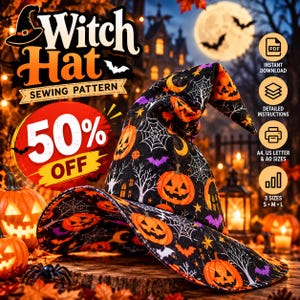 May include: A witch hat sewing pattern featuring a black fabric with orange jack-o'-lanterns, white spiderwebs, and purple bats. The image includes text stating Witch Hat Sewing Pattern, 50% OFF, Instant Download, Detailed Instructions, A4, US Letter & AO Sizes, and 3 Sizes S, M, L.