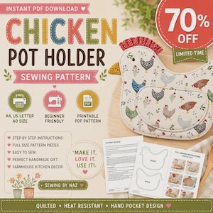 Puede incluir: Un patrón de costura para agarradera con forma de gallina, confeccionado en tela color crema con estampado multicolor de gallinas y flores. Incluye una cresta roja con volantes, un bolsillo para la mano e instrucciones impresas con diagramas.