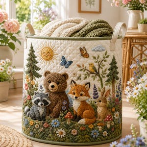 Può includere: Un cesto portaoggetti in tessuto trapuntato con una scena boschiva raffigurante un orso, un procione, una volpe e un coniglio. L'esterno color crema presenta alberi, fiori, funghi, farfalle, un sole e una nuvola ricamati. Ha due manici.