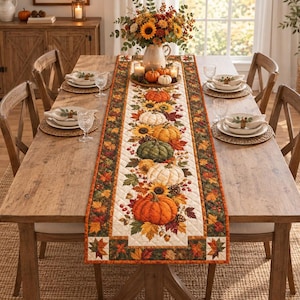 May include: A rectangular quilted table runner featuring a central print of orange, green, and white pumpkins, sunflowers, and autumn leaves. The runner has a dark green border with a repeating pattern of colourful fall foliage and acorns.