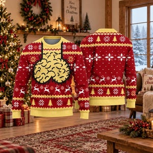 May include: A red long-sleeve jumper featuring a yellow graphic of two rounded, textured shapes on the chest. The jumper has a repeating pattern of white snowflakes, reindeer, and yellow pine trees, with yellow ribbed cuffs and a yellow hem.