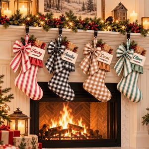 Puede incluir: Cuatro calcetines de Navidad colgados de una repisa, cada uno con un lazo de tela grande, un puño con volantes y una etiqueta con nombre. Los calcetines muestran rayas rojas, cuadros negros y blancos, cuadros marrones y rayas verdes, con los nombres Henry, Amelia, Lucas y Oliver.