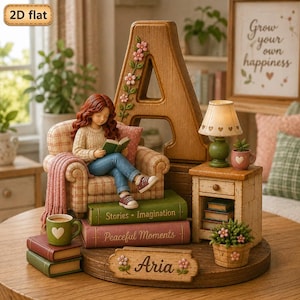 May include: A decorative figurine featuring a person with red hair sitting in a plaid armchair on top of two books titled Stories Imagination and Peaceful Moments. A large wooden letter A, a lamp, a mug with a heart, and a sign reading Aria are included.