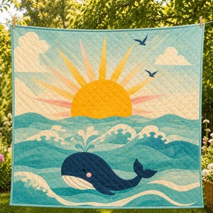 Puede incluir: Una manta acolchada con un gran sol amarillo de rayos rosas y naranjas sobre un océano azul con olas de espuma blanca. Una ballena azul oscuro con una mejilla rosa está centrada en primer plano, junto a dos pájaros cerca de nubes blancas.
